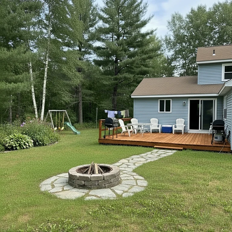 Landscape design with stained deck and fire pit