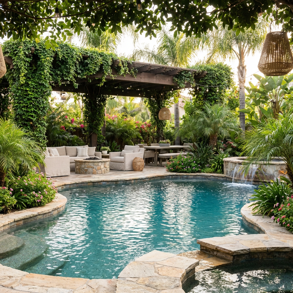 Backyard oasis with pool and greenery
