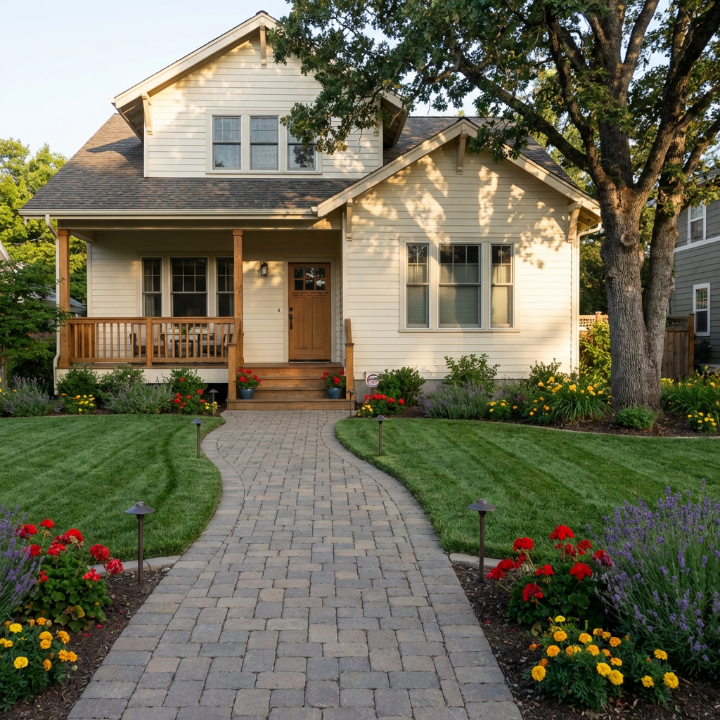 Front yard with paver walkway