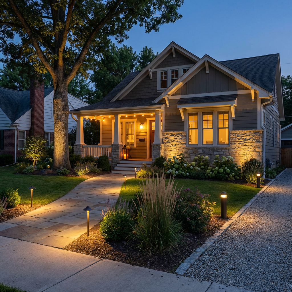 Front yard with lighting