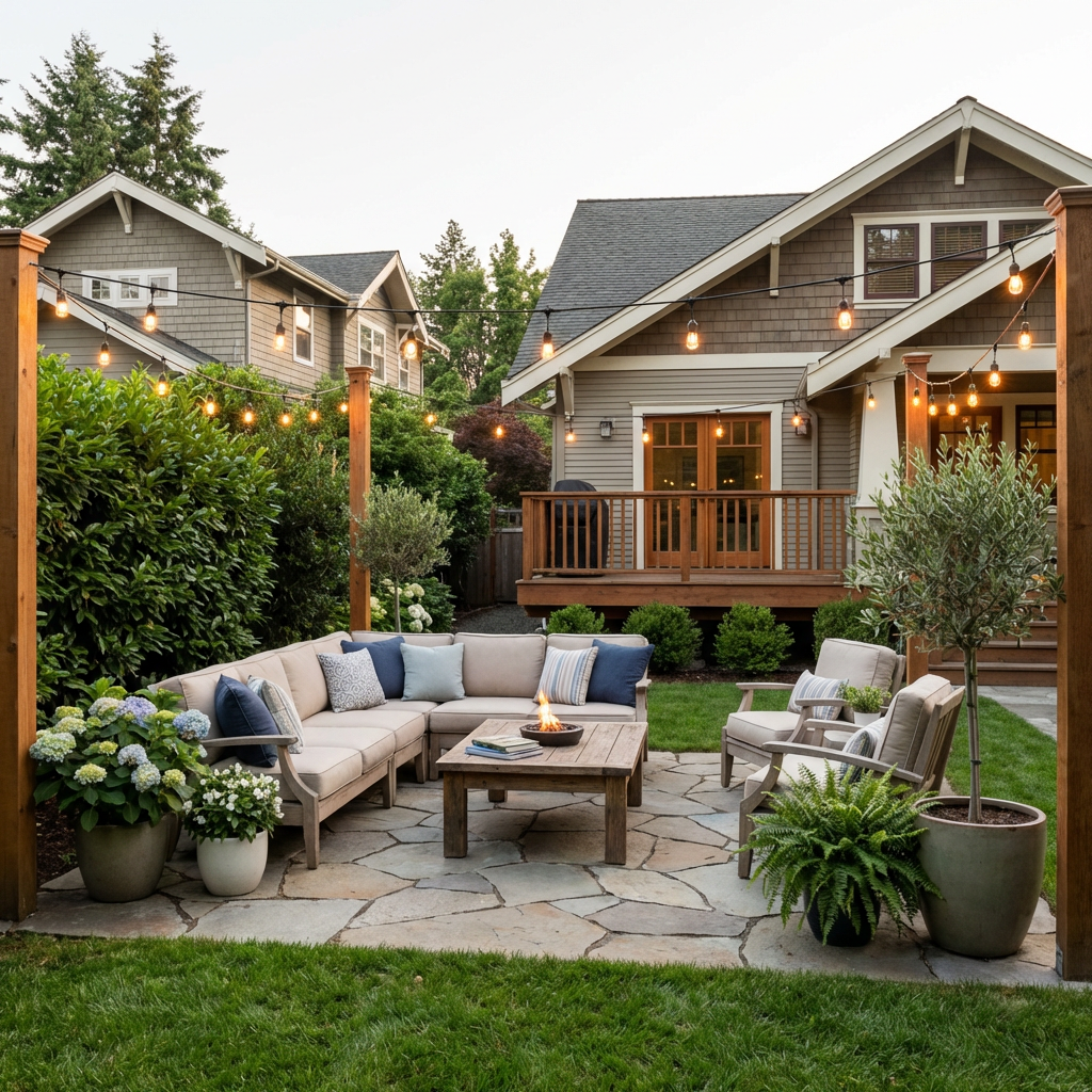 Cozy patio area in a well-kept backyard
