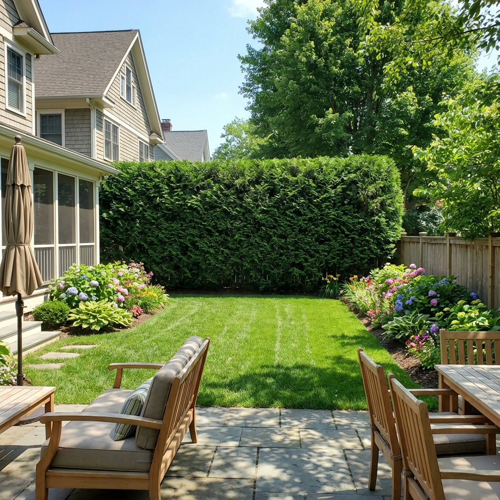 Privacy hedge in a backyard