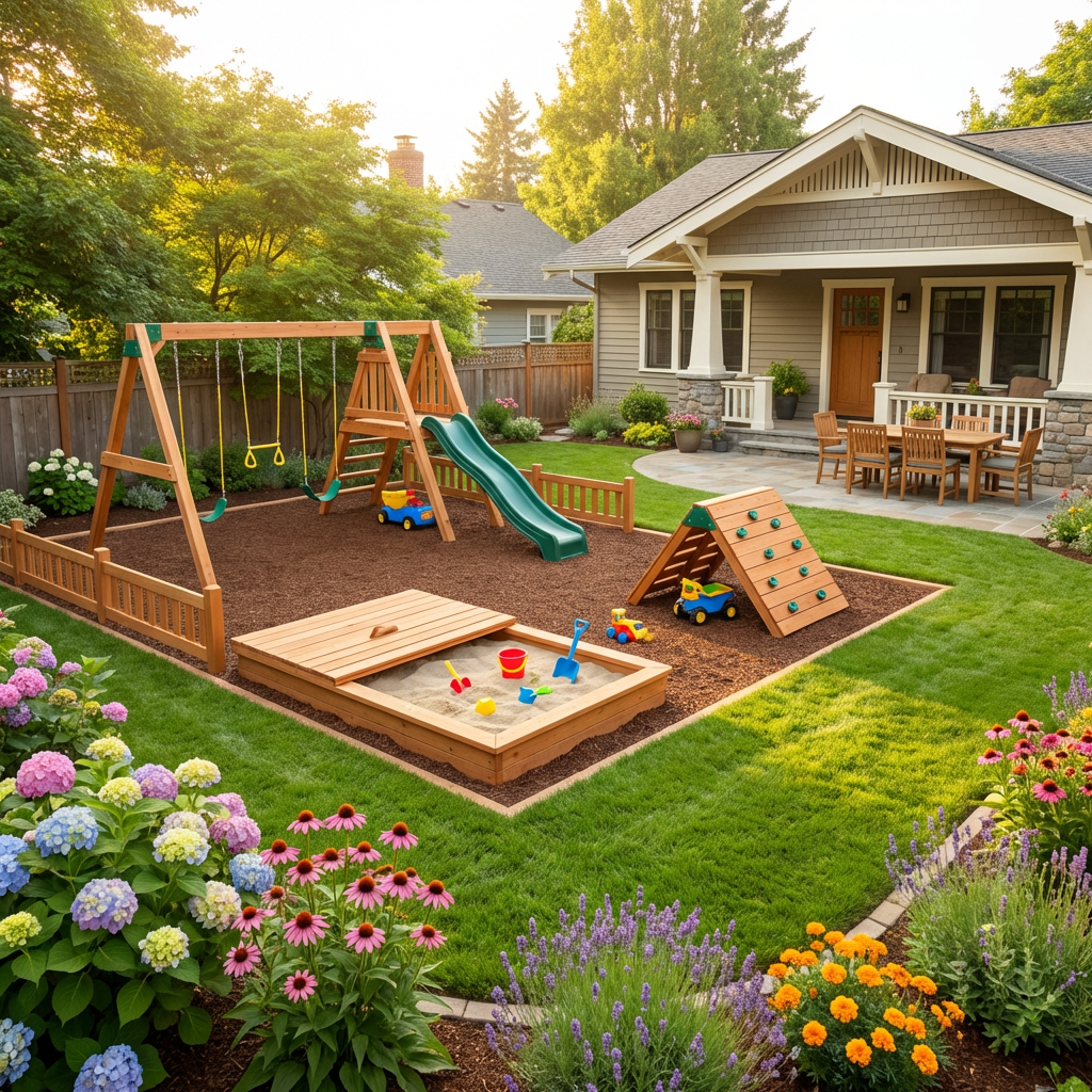 Family-friendly play area in a backyard