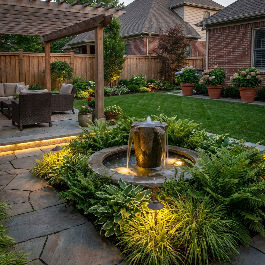 Water feature in a backyard