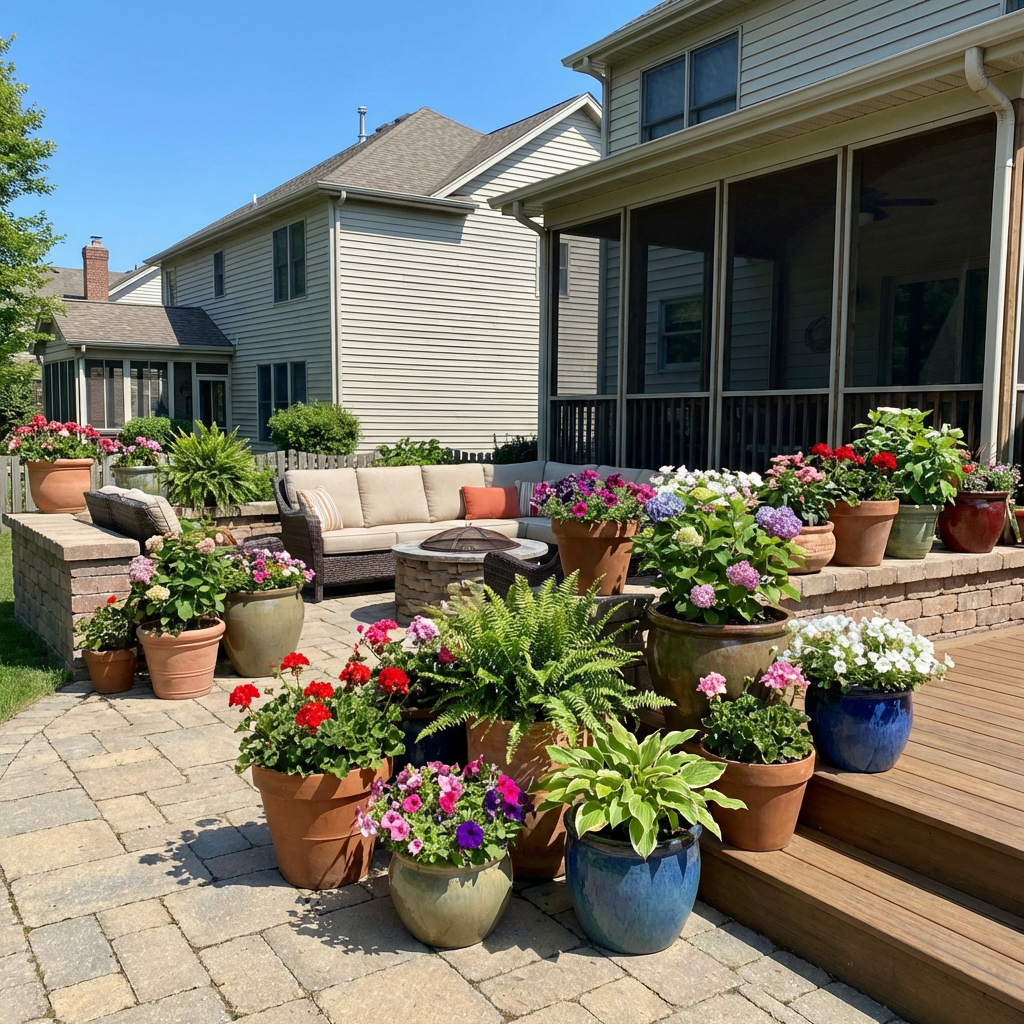 Potted plants in a backyard