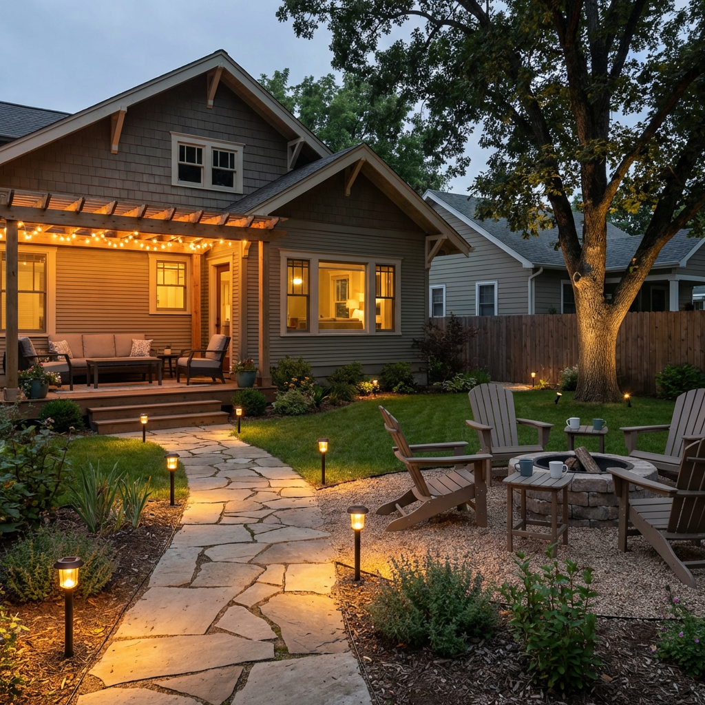 Solar-powered lights in a backyard