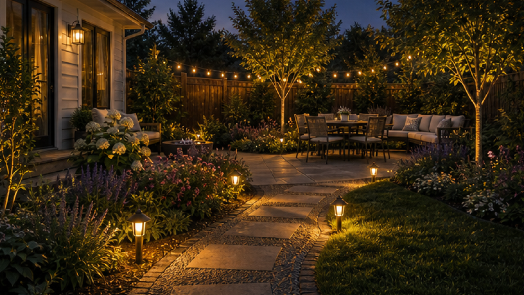 AI Landscape Design with path light accents