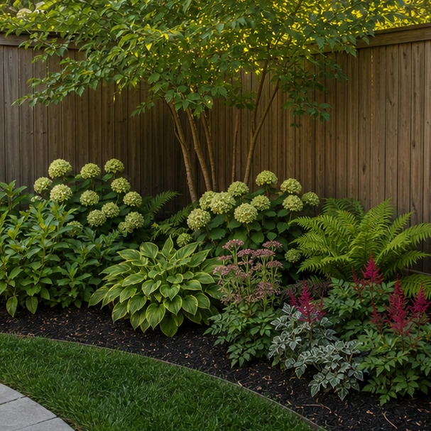 Backyard Corner Landscaping Ideas with layered planting
