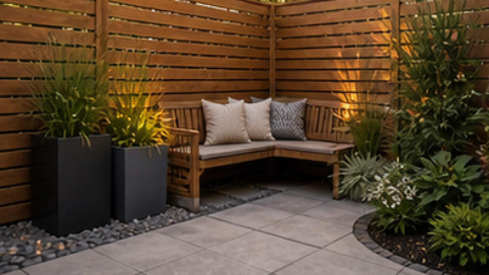Backyard Corner Landscaping Ideas with natural wood