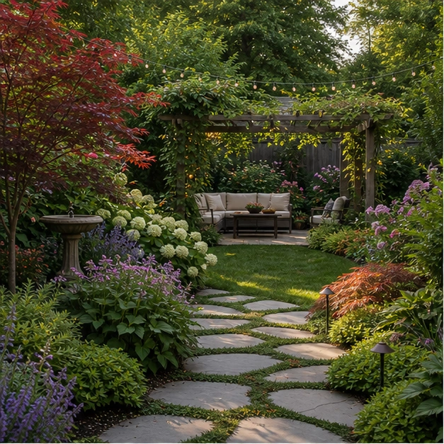 Backyard Design Ideas with lush planting
