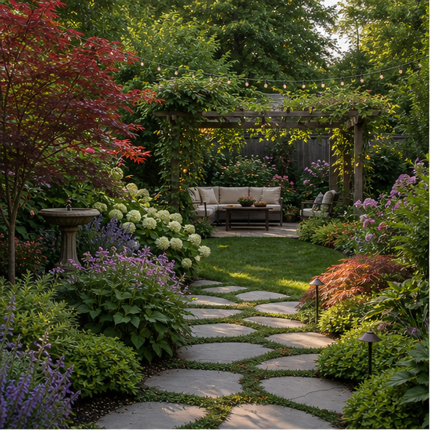 Backyard Design Ideas with lush planting