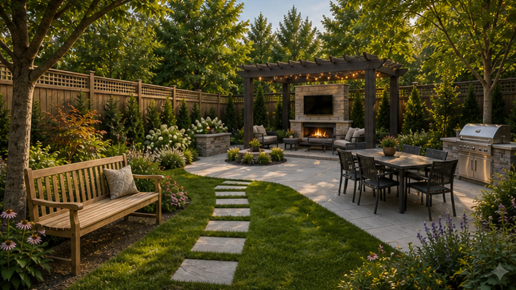 Backyard Design Ideas with a bench accent