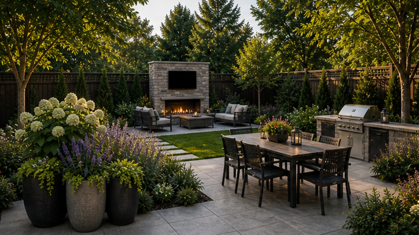 Backyard Design Ideas with grouped planters