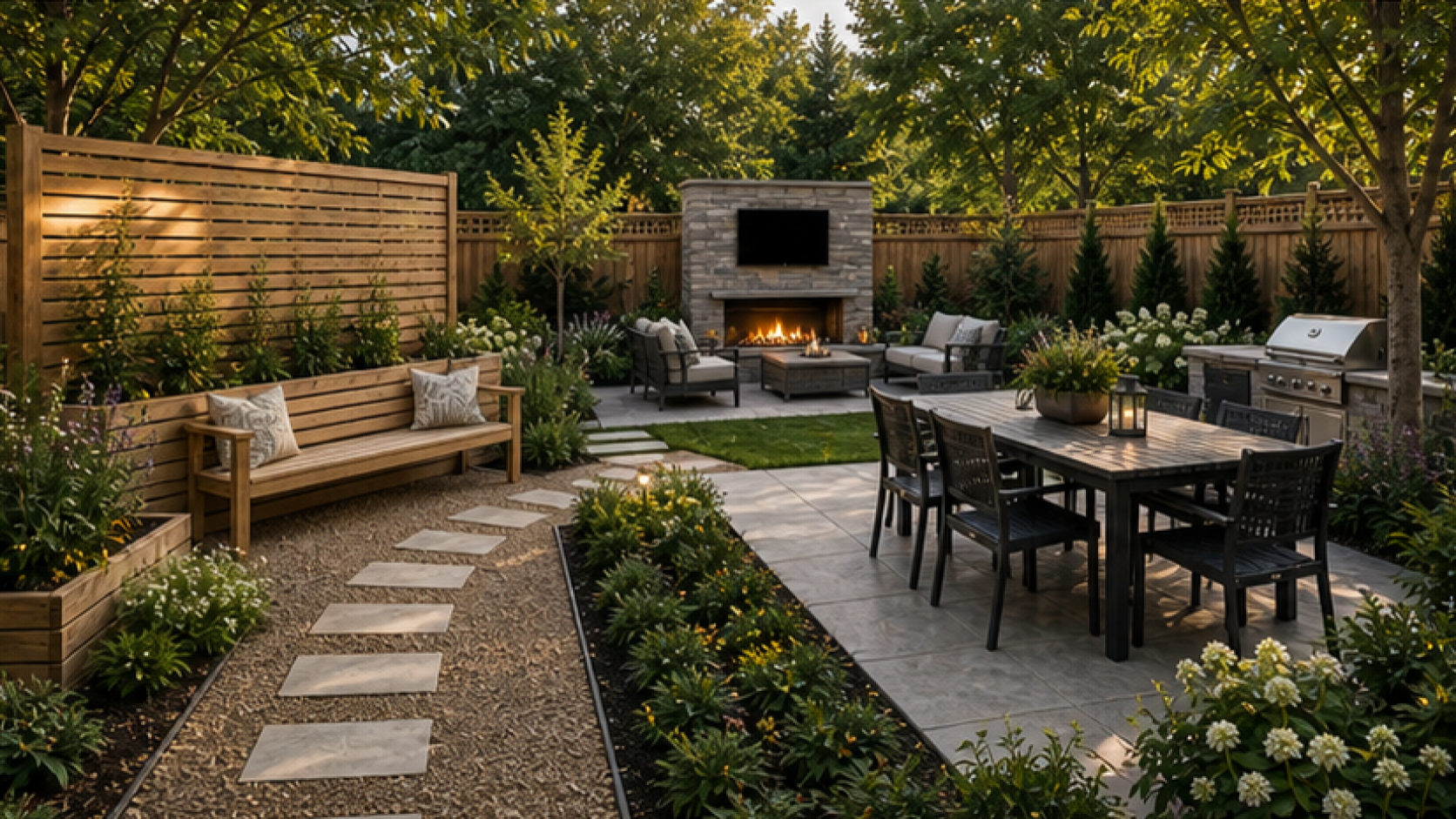 Backyard Design Ideas with natural wood accents