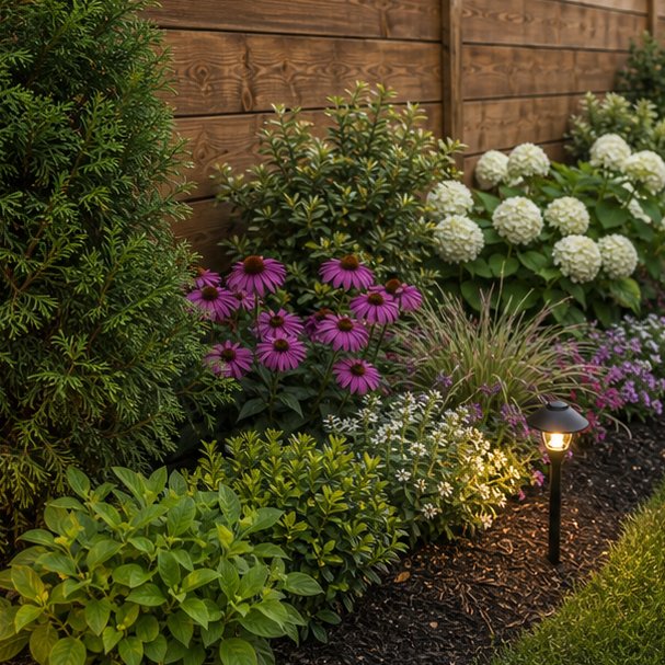 Backyard Fence Line Landscaping Ideas planting and material detail