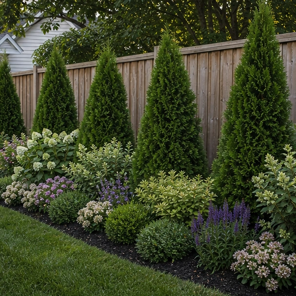 Backyard Fence Line Landscaping Ideas with evergreen screen