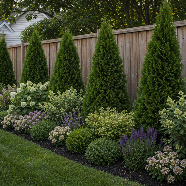 Backyard Fence Line Landscaping Ideas with evergreen screen