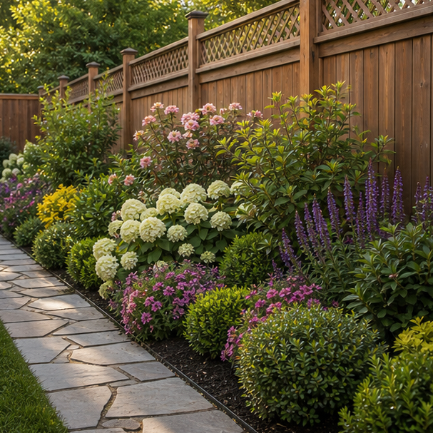 Backyard Fence Line Landscaping Ideas with flower border