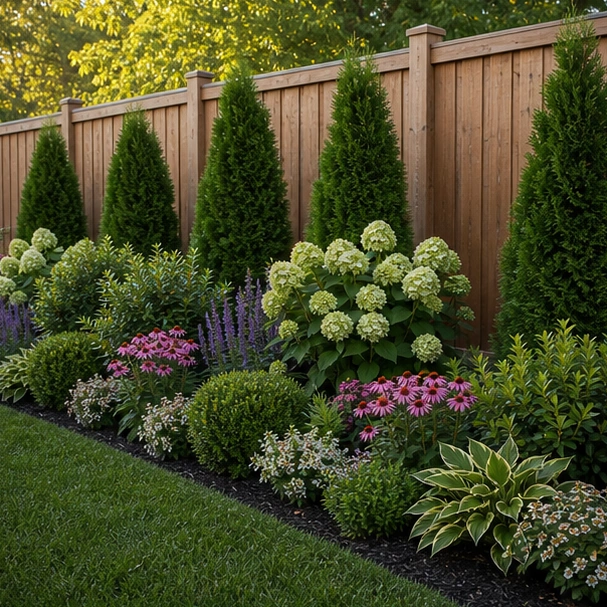Backyard Fence Line Landscaping Ideas with layered height