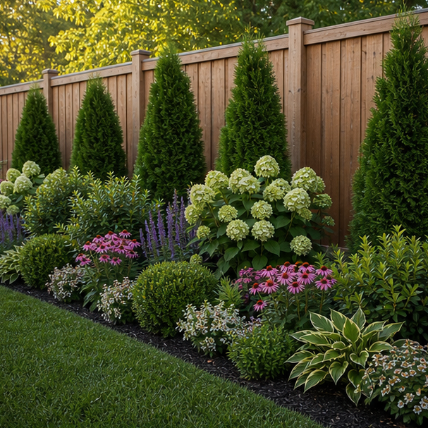 Backyard Fence Line Landscaping Ideas with layered height