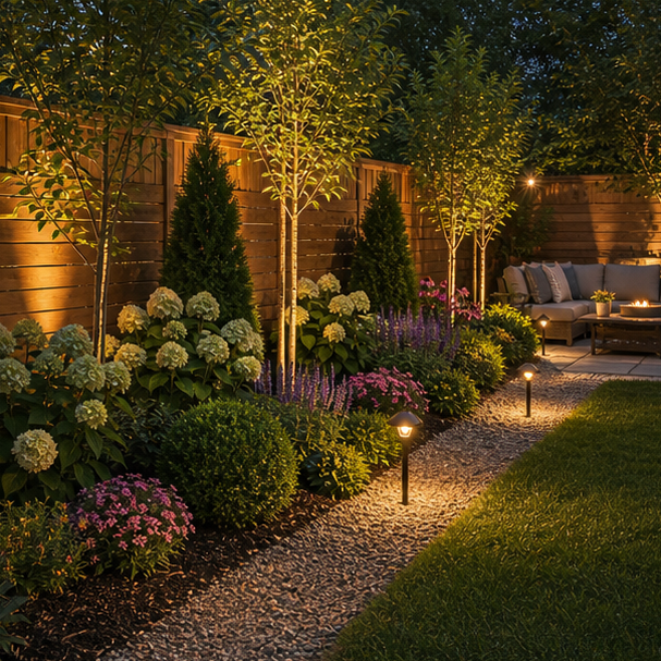 Backyard Fence Line Landscaping Ideas lighting idea