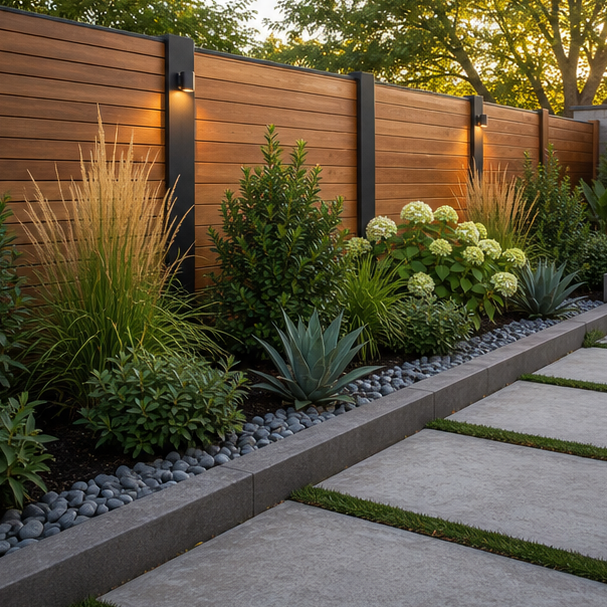 Backyard Fence Line Landscaping Ideas with modern fence line
