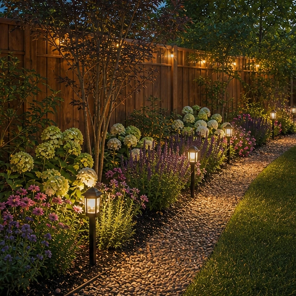 Backyard Fence Line Landscaping Ideas with path lights