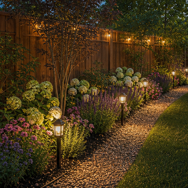 Backyard Fence Line Landscaping Ideas with path lights