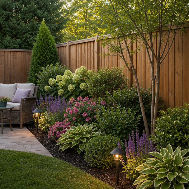 Backyard Fence Line Landscaping Ideas with seating edge