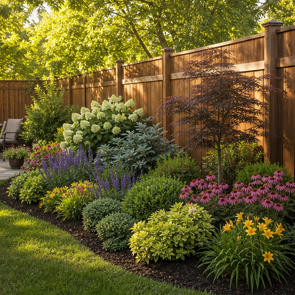 Backyard Fence Line Landscaping Ideas with wood fence backdrop