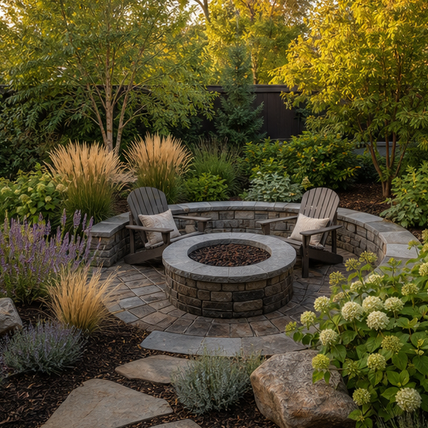 Backyard Fire Pit Landscaping Ideas with layered planting
