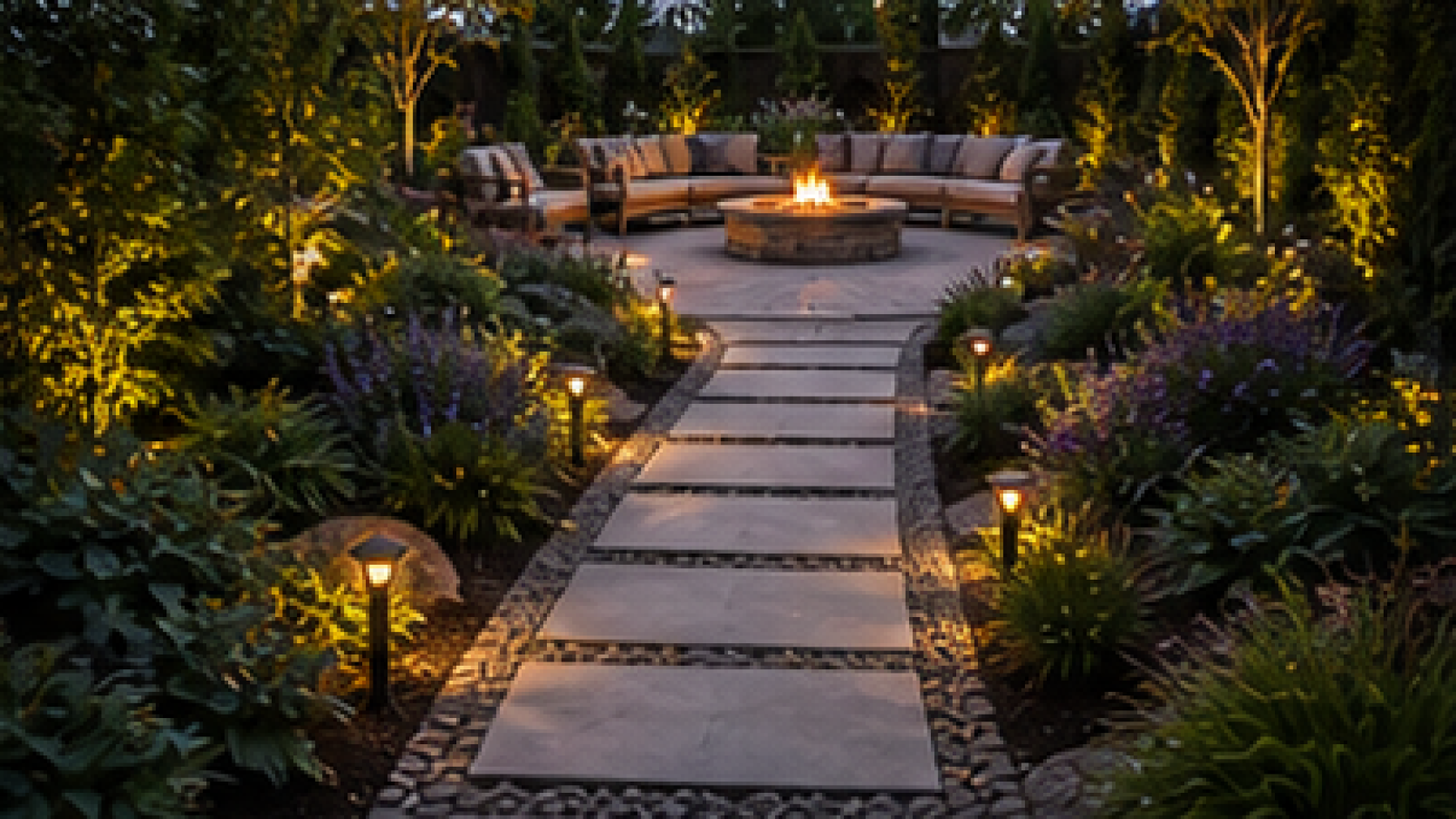 Backyard Fire Pit Landscaping Ideas with path lights