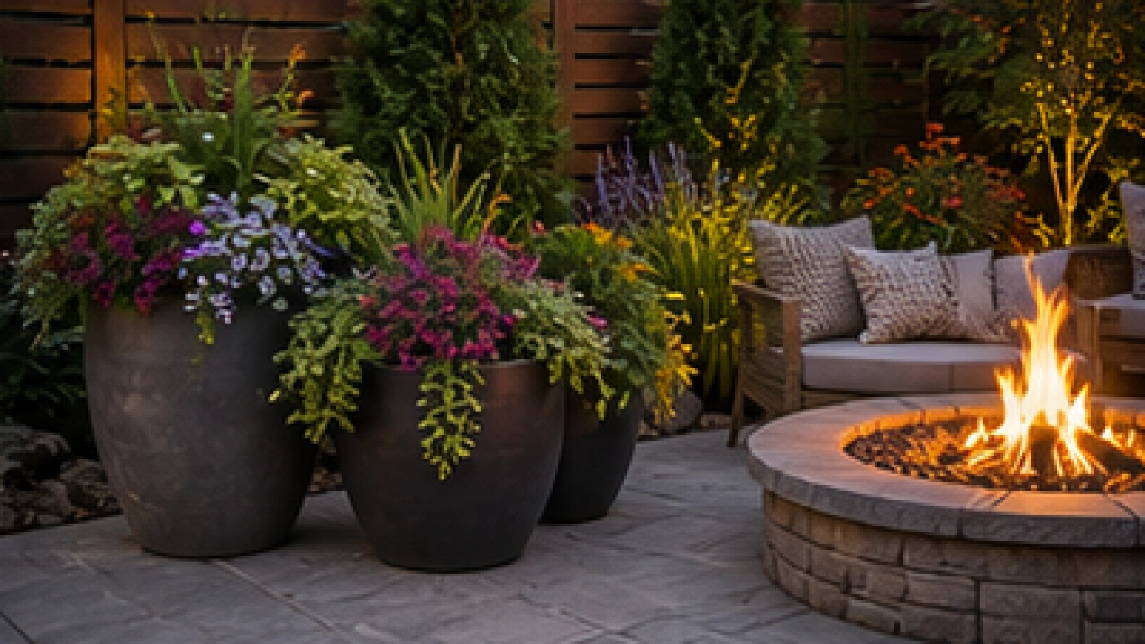 Backyard Fire Pit Landscaping Ideas with planters