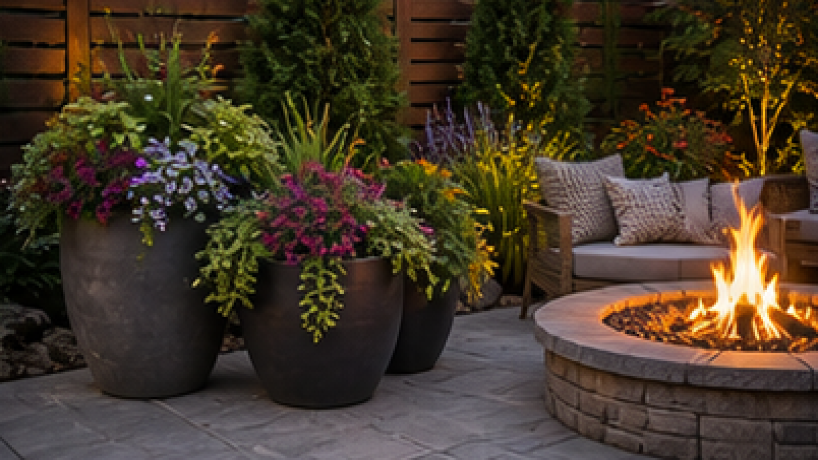 Backyard Fire Pit Landscaping Ideas with planters