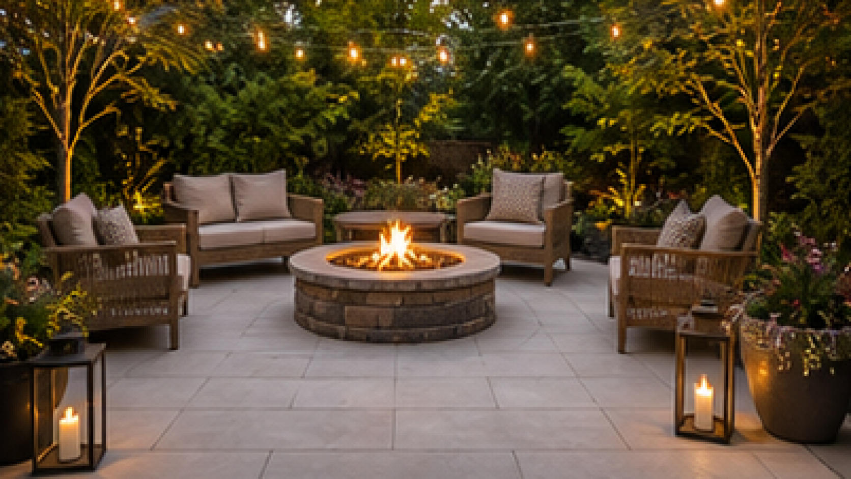 Backyard Fire Pit Landscaping Ideas with light pavers