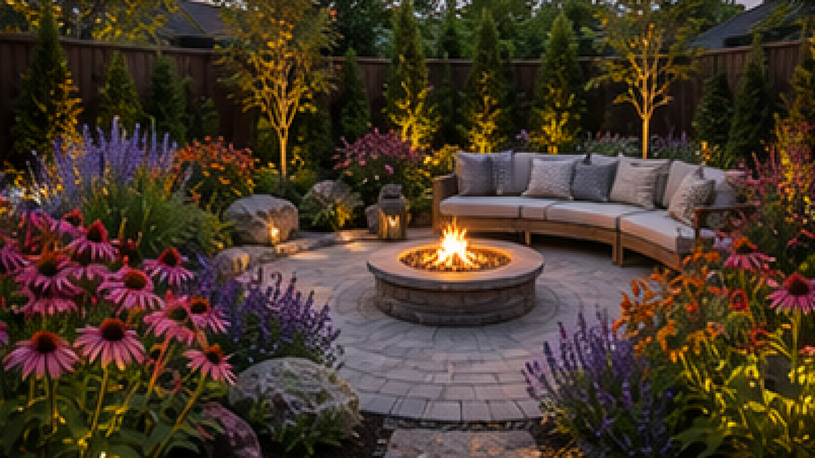 Backyard Fire Pit Landscaping Ideas with seasonal color