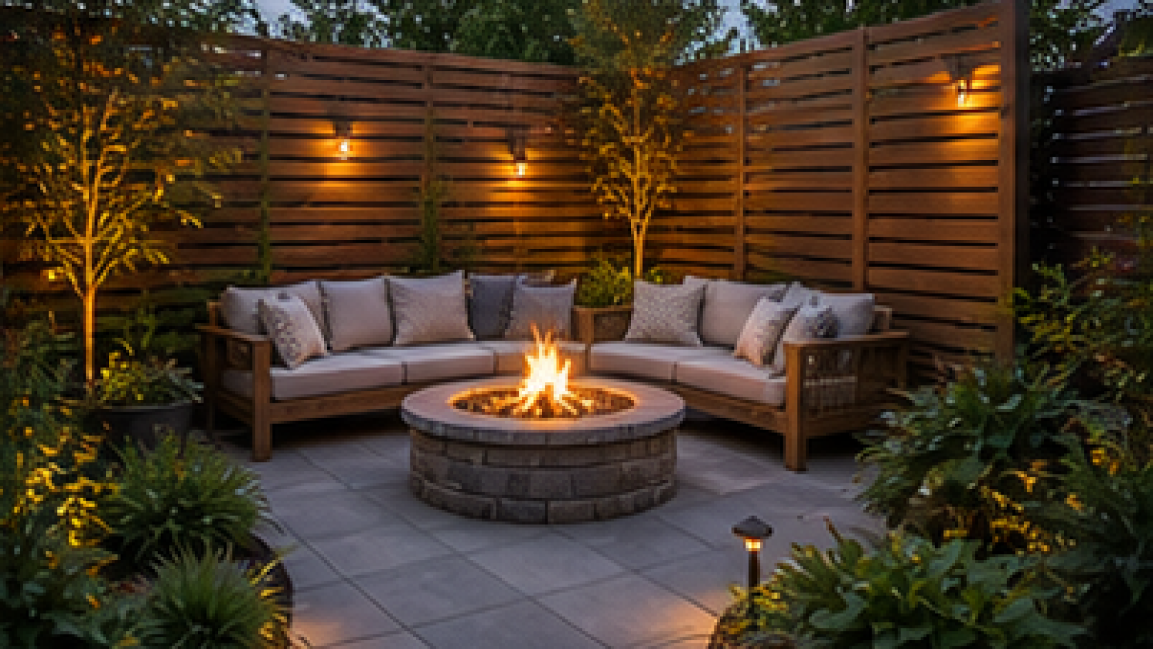 Backyard Fire Pit Landscaping Ideas with natural wood