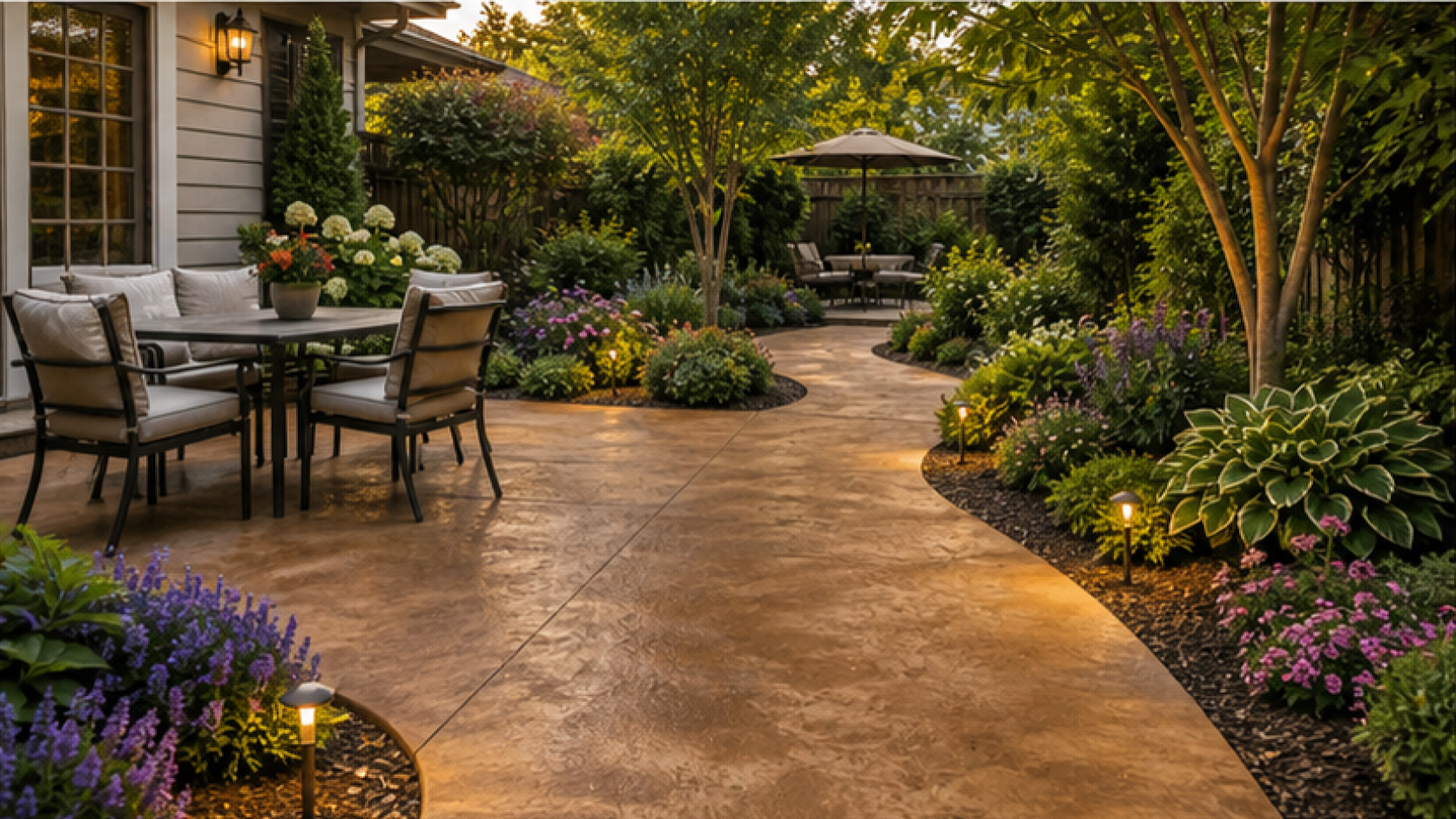 Backyard Garden Ideas with a treated concrete look