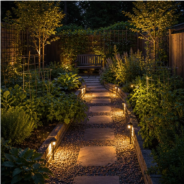 Backyard Garden Ideas with evening light