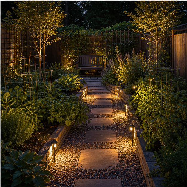 Backyard Garden Ideas with evening light