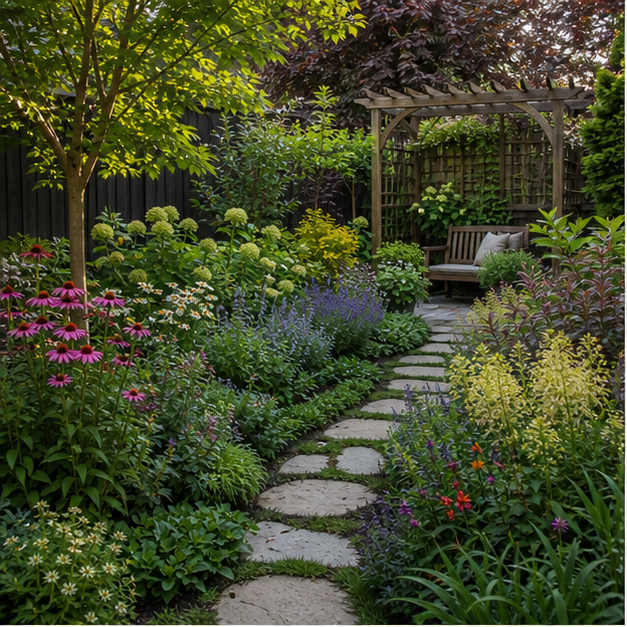 Backyard Garden Ideas with lush planting