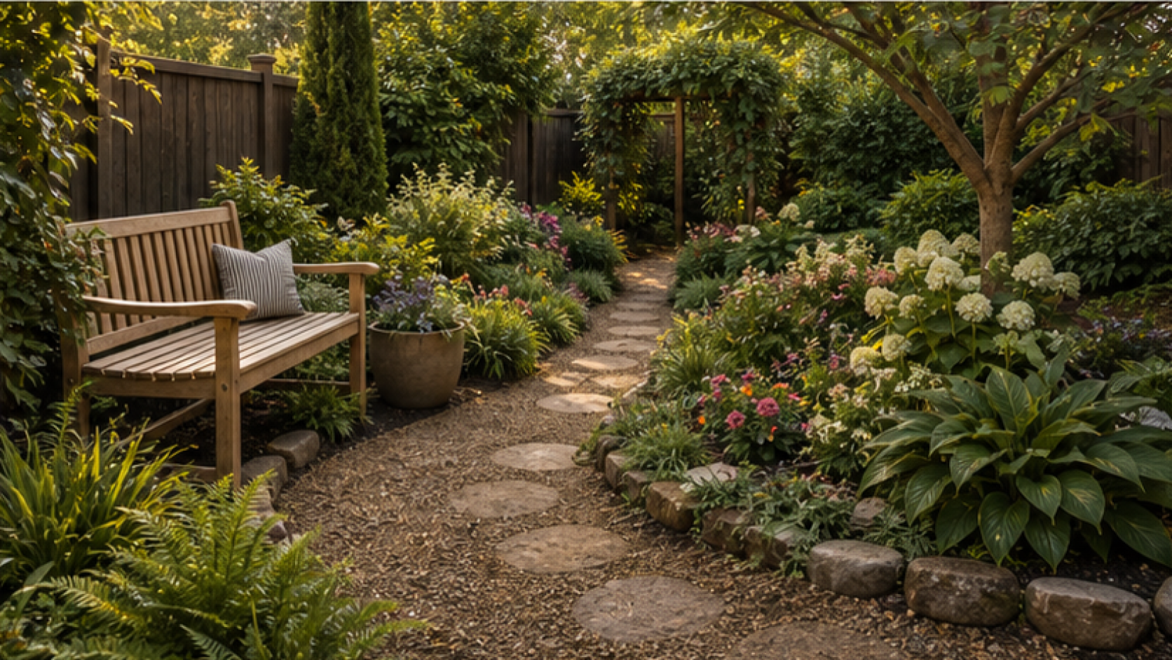Backyard Garden Ideas with a bench accent