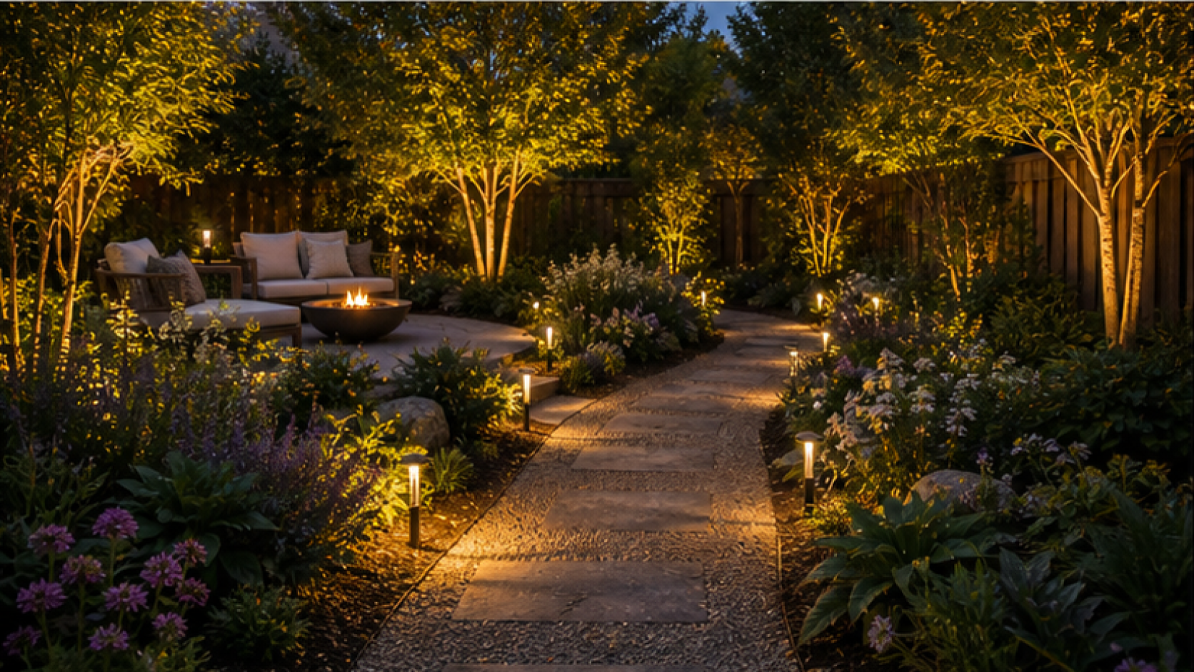 Backyard Garden Ideas with path light accents