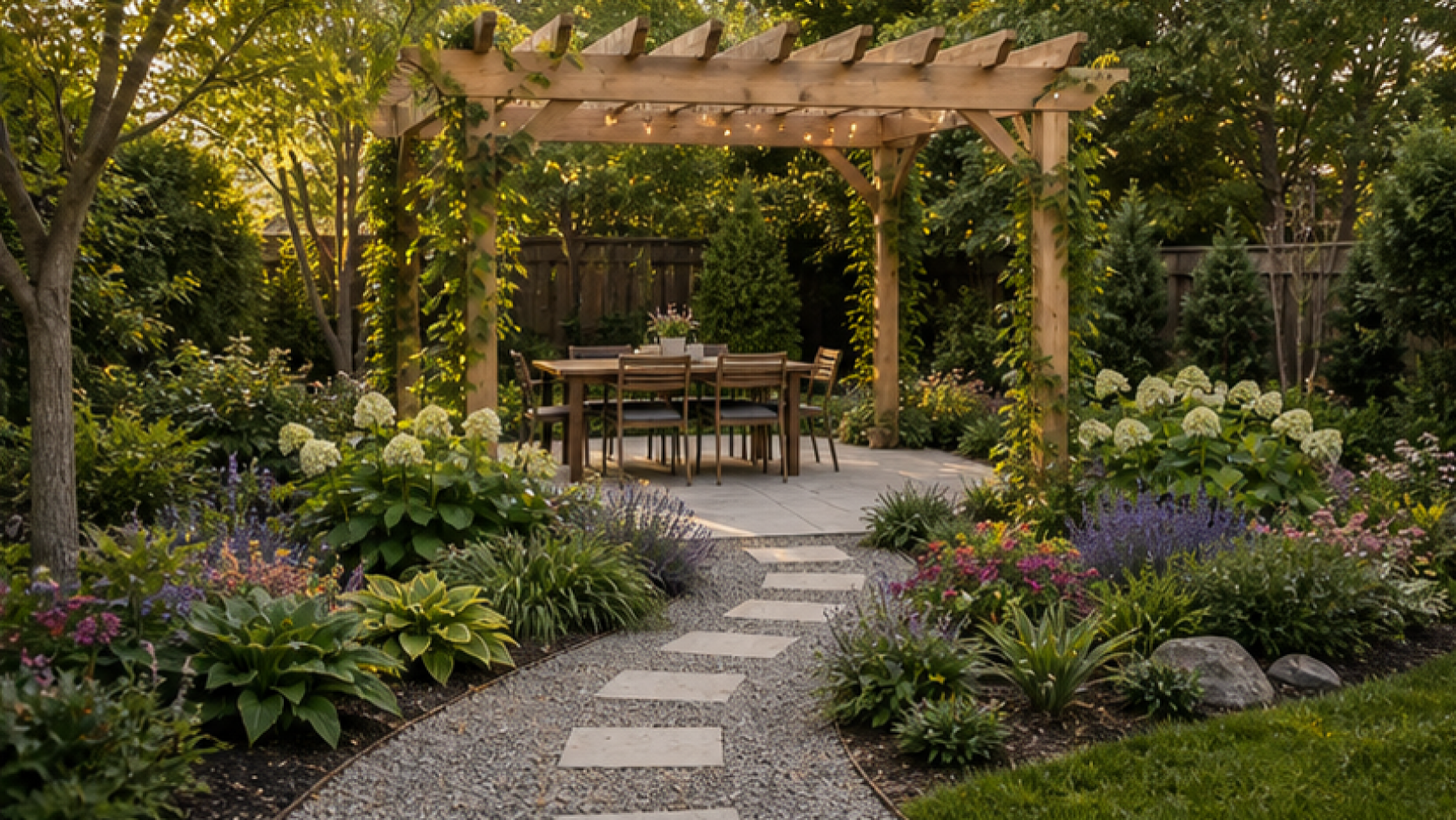 Backyard Garden Ideas with a pergola accent
