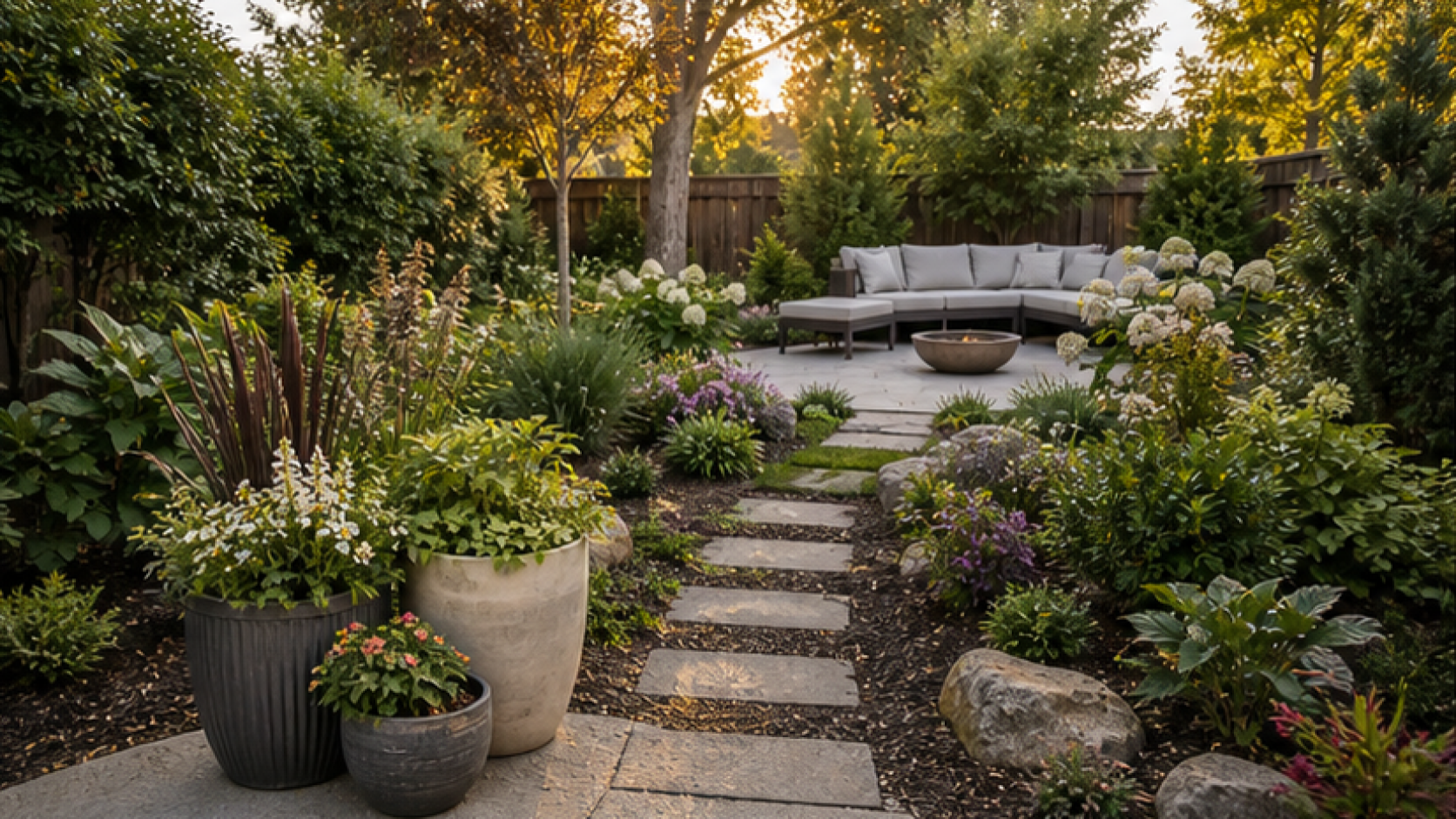 Backyard Garden Ideas with grouped planters
