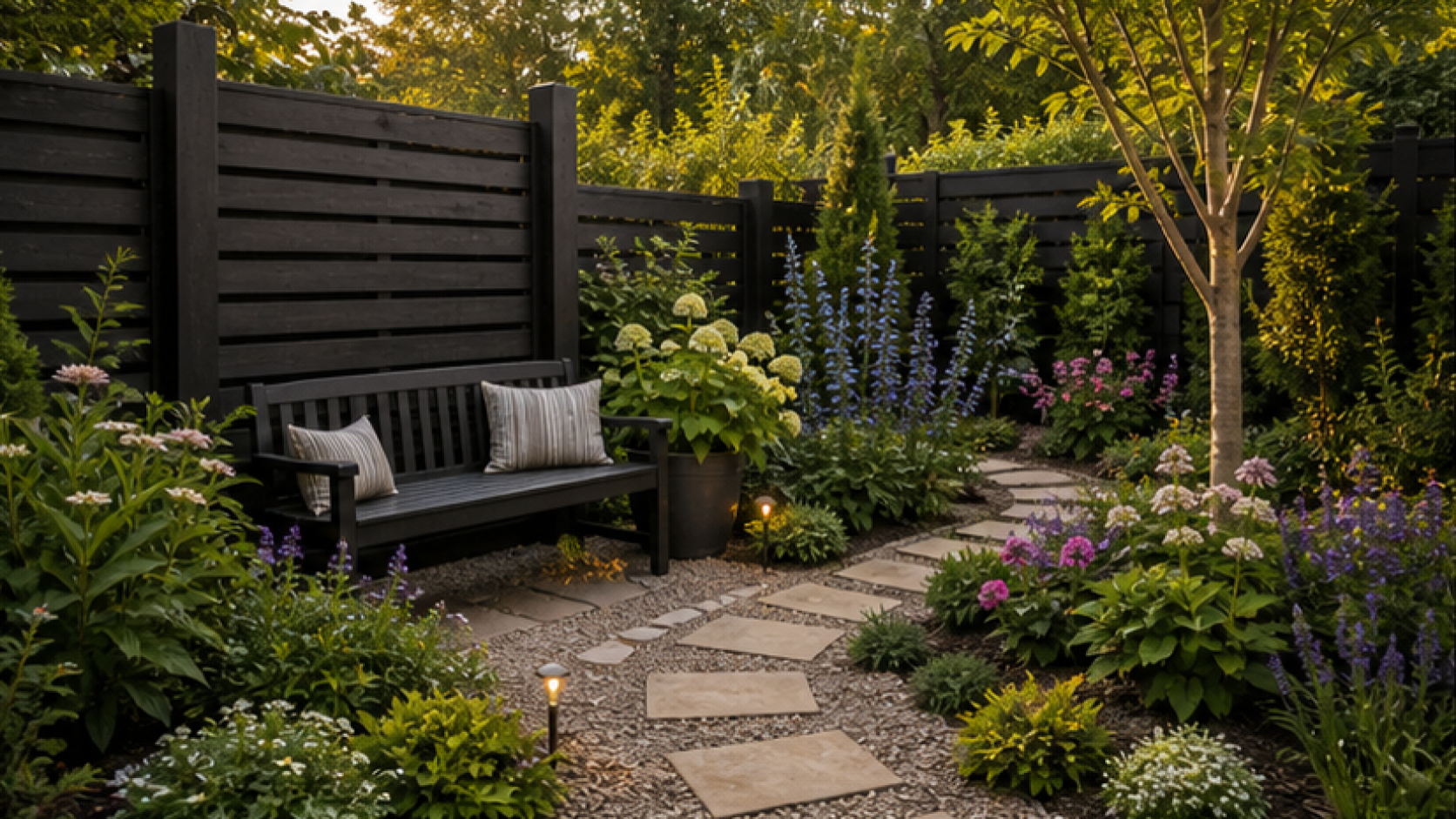 Backyard Garden Ideas with dark wood accents