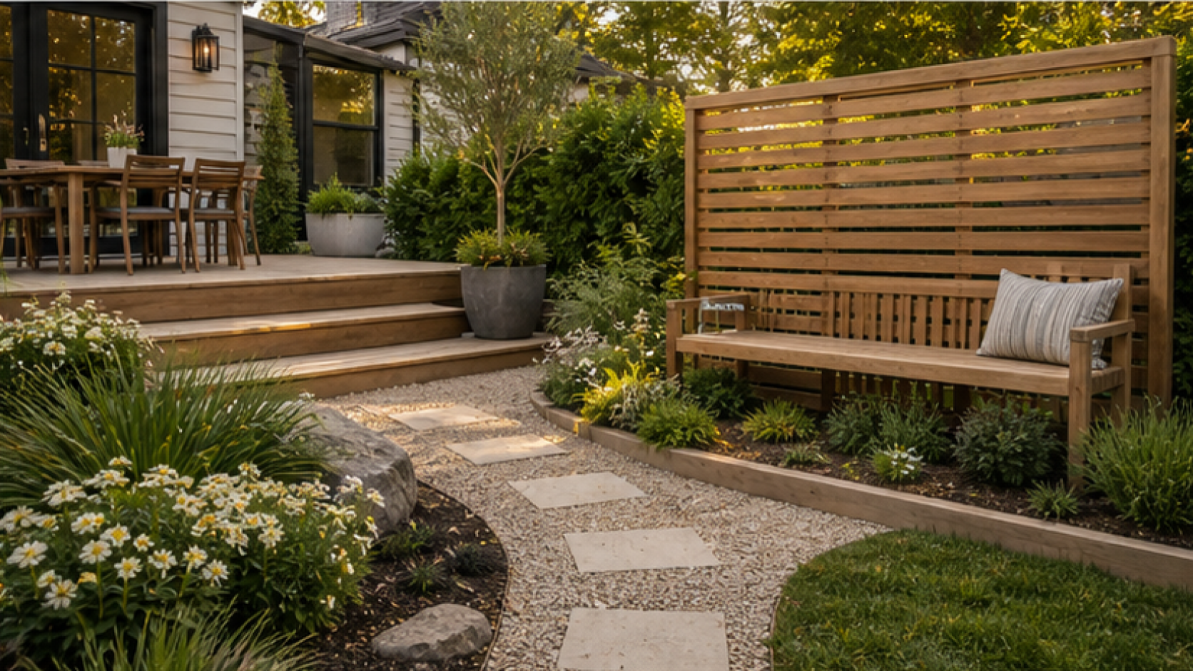 Backyard Garden Ideas with natural wood accents