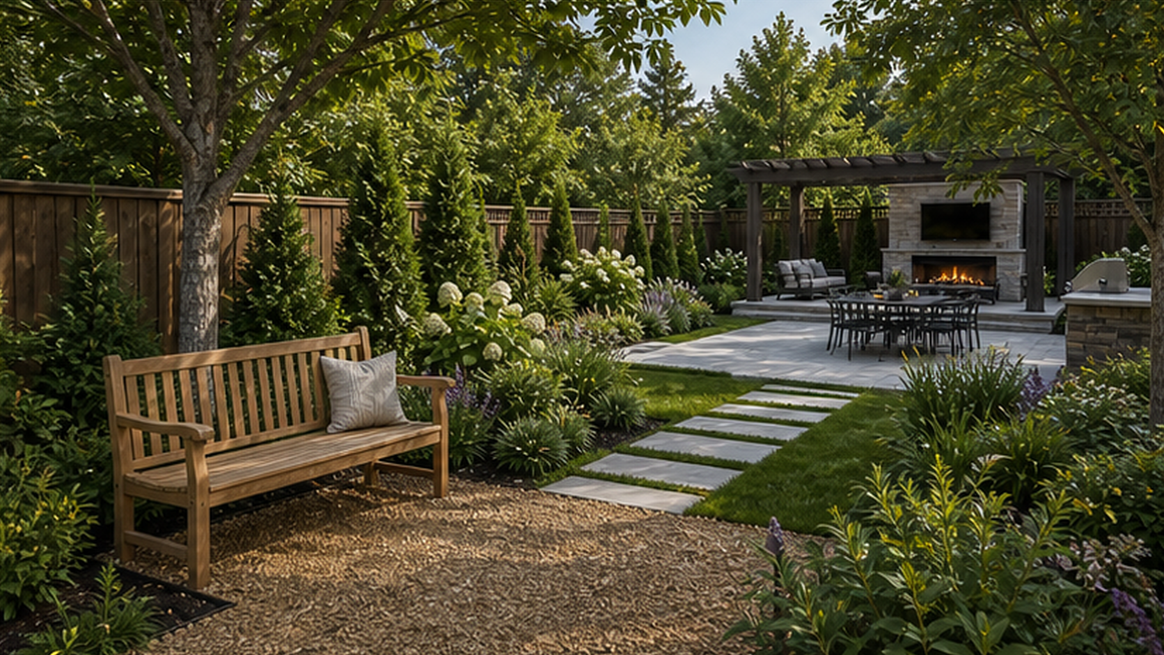 Backyard Ideas with a bench accent