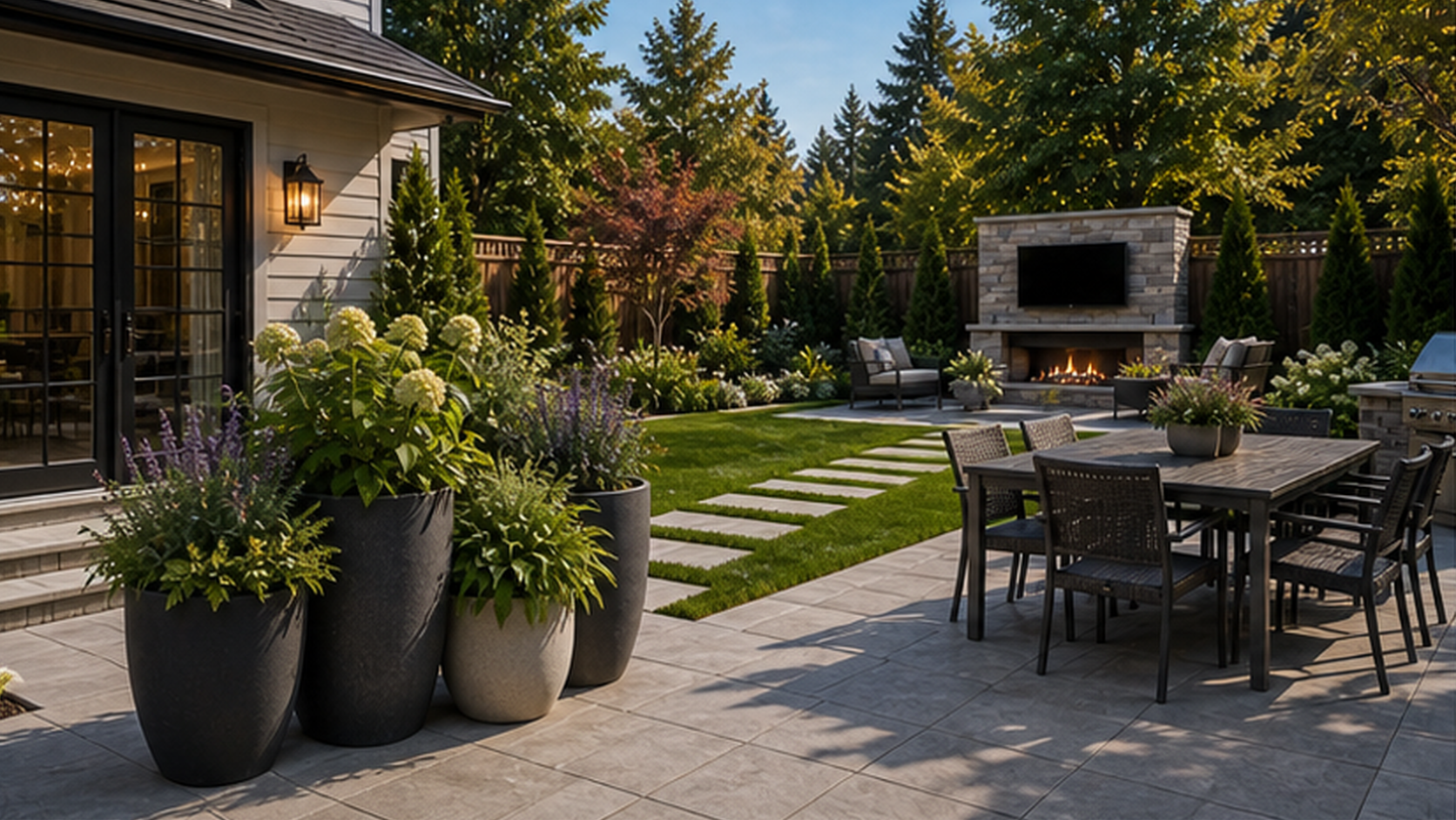 Backyard Ideas with grouped planters