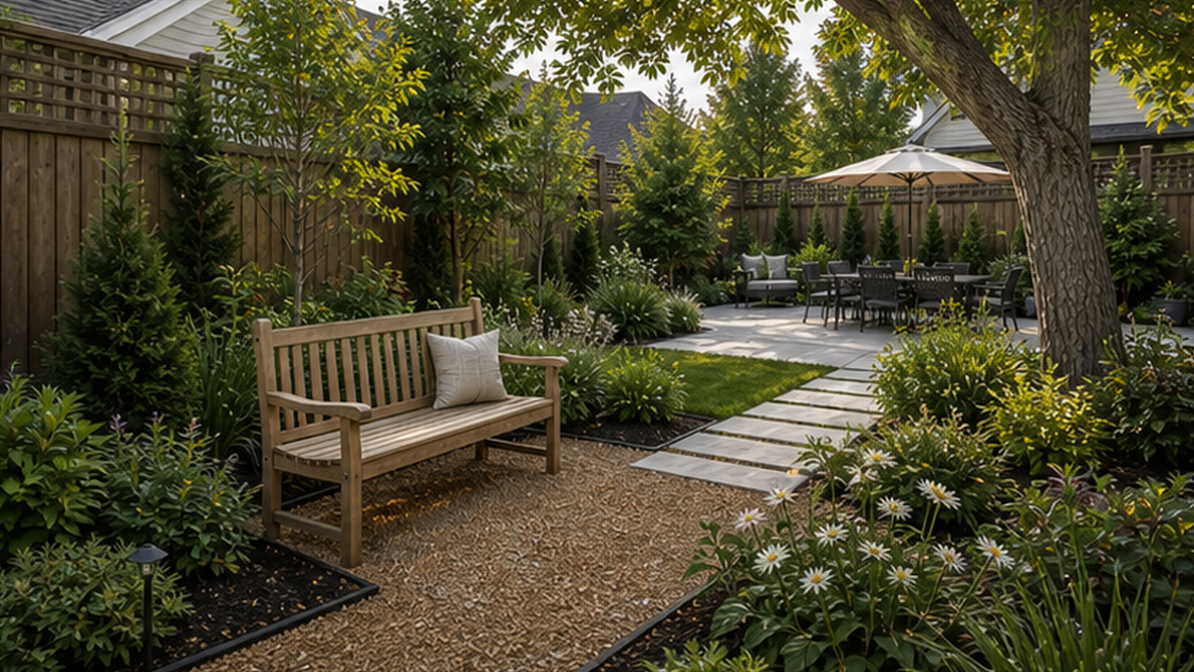 Backyard Ideas with a bench accent